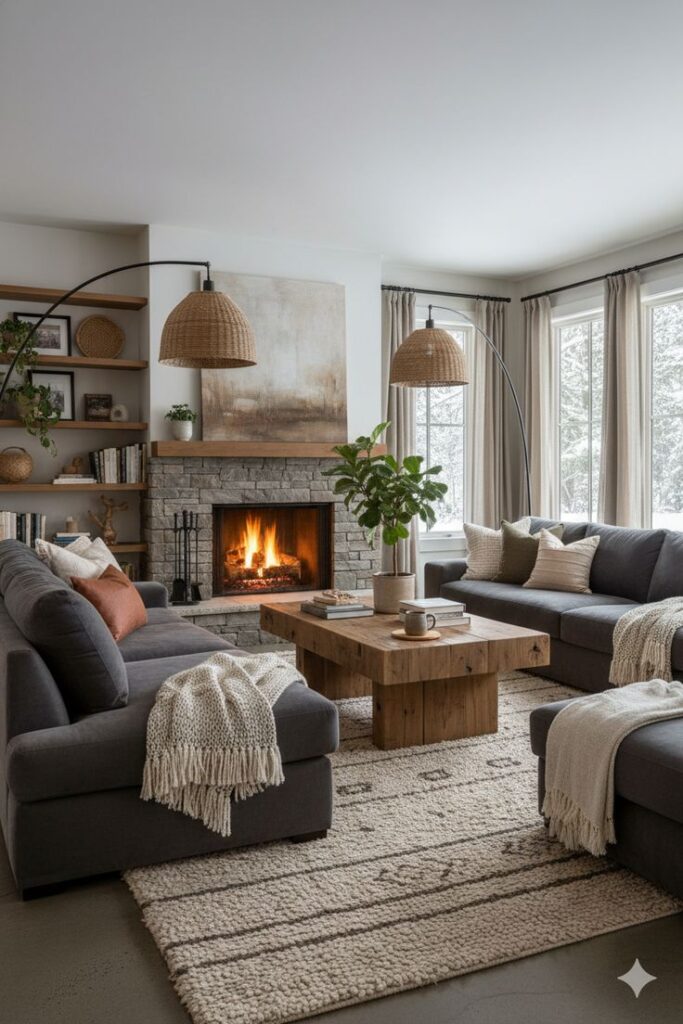 cozy winter living room with fireplace