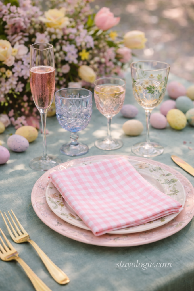 A beautifully arranged Easter tablescape featuring pastel-colored eggs, an array of elegant glassware, and a pink gingham napkin set atop patterned plates, all set against a floral backdrop, illustrating how to style an Easter table inspired by color, memory, and mixing.