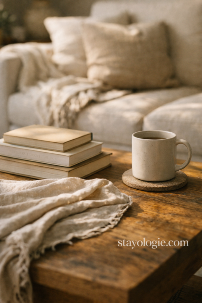Close-up of a lived-in home detail with stacked books, a ceramic mug, folded linen, and warm wood grain on a coffee table, creating a calm and cozy atmosphere.