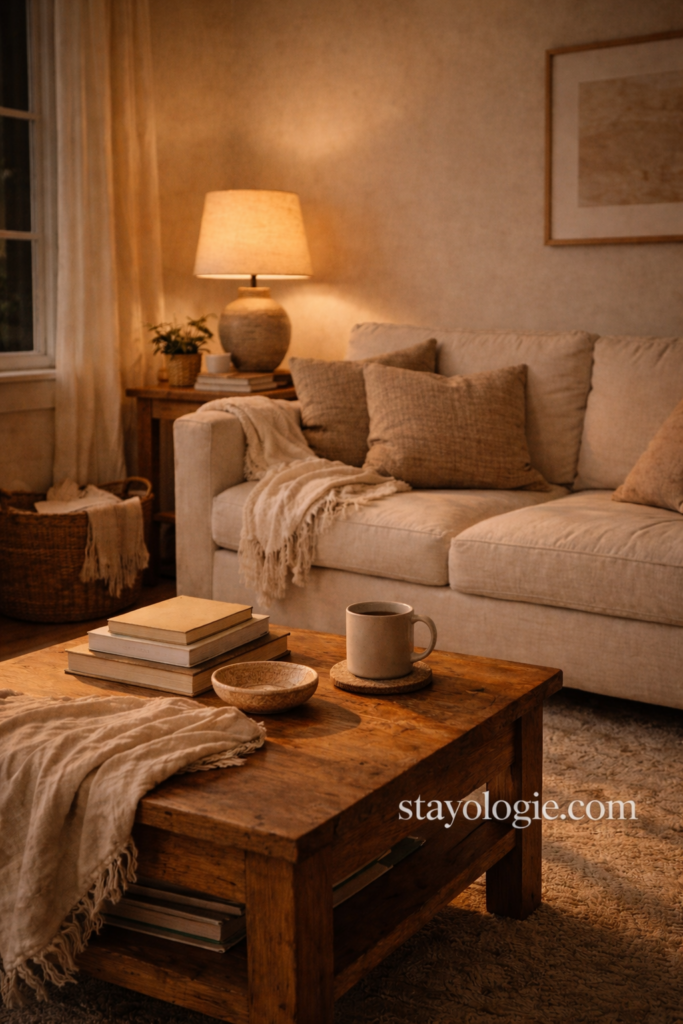 Calm living room at dusk with warm lamp light, neutral sofa, soft textiles, and a wooden coffee table, creating a peaceful and comforting end-of-day home atmosphere.