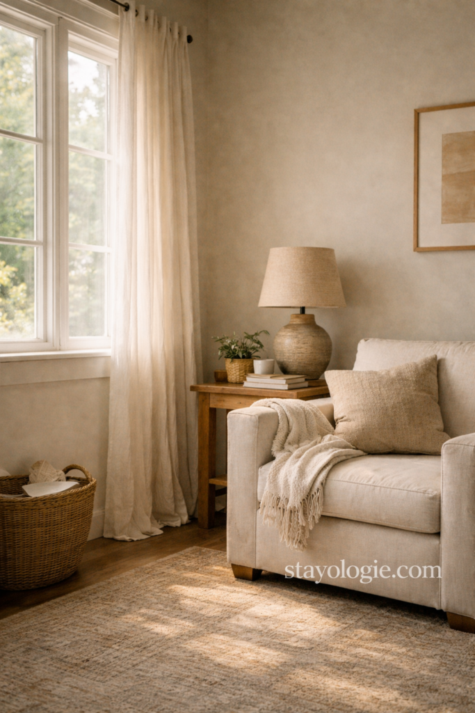 Quiet neutral living room corner with an armchair by a window, linen curtains, warm wood floors, and soft daylight creating a peaceful, grounding home interior.