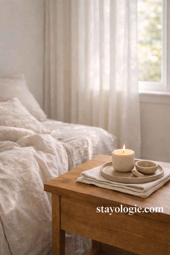 Cozy bedroom vignette with a warm wood nightstand, ceramic candle, folded linen, and soft morning light beside rumpled neutral bedding.