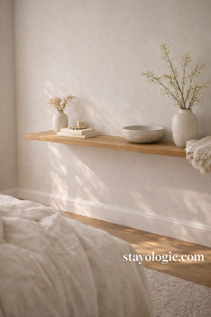 Minimal floating wood shelf styled with neutral ceramics, soft greenery, and open negative space in a light-filled modern bedroom.