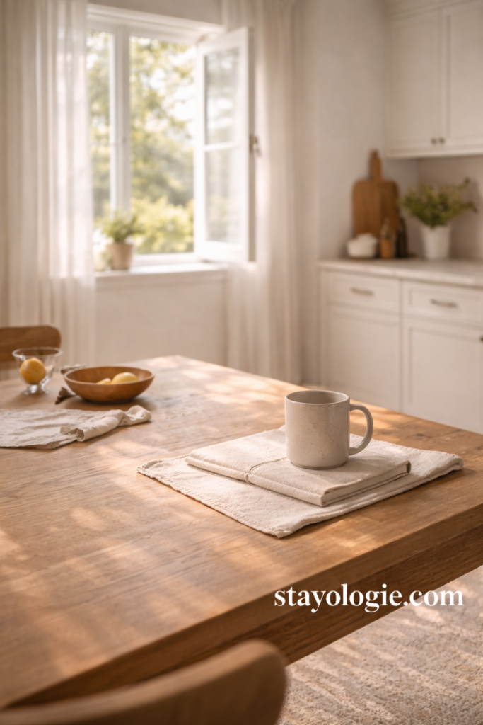 Calm spring morning kitchen with sunlight streaming across a light wood dining table, a ceramic mug, open window, neutral countertops, and soft natural textures creating an airy, relaxed atmosphere.
