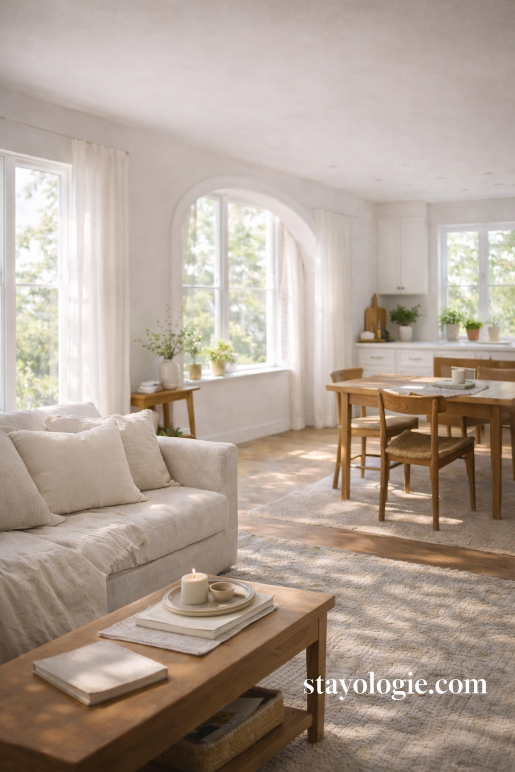 Bright, airy spring living and dining space with a neutral sofa, sheer white curtains, warm wood furniture, soft natural light, and an open, calming layout.