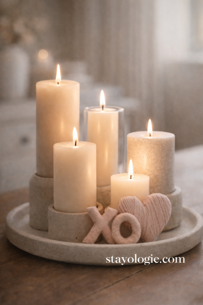 Close-up of neutral candles in ceramic, glass, and stone holders grouped on a tray with soft Valentine accents, creating a cozy, romantic glow.