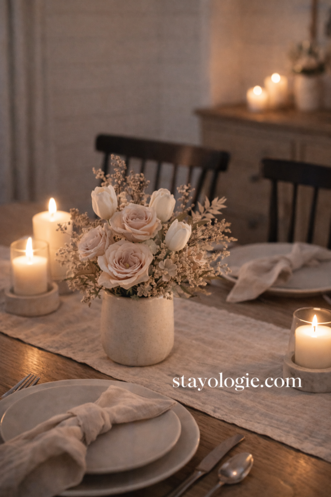 Modern farmhouse dining table styled for Valentine’s Day with soft blush and white florals in a ceramic vase, linen table runner, neutral place settings, and candlelight creating a cozy, romantic atmosphere.
