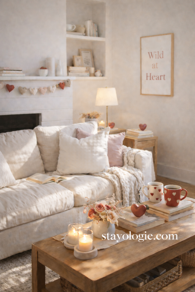 Cozy modern organic living room styled for Valentine’s Day with subtle blush accents, heart mugs on a side table, soft textiles, and a relaxed, lived-in feel.