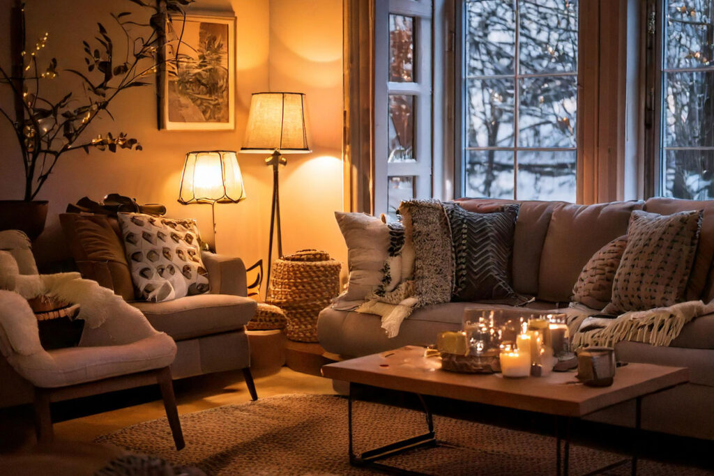 Cozy winter living room with layered warm lighting, neutral sofa, textured pillows, and candles creating a calm, inviting winter home atmosphere.