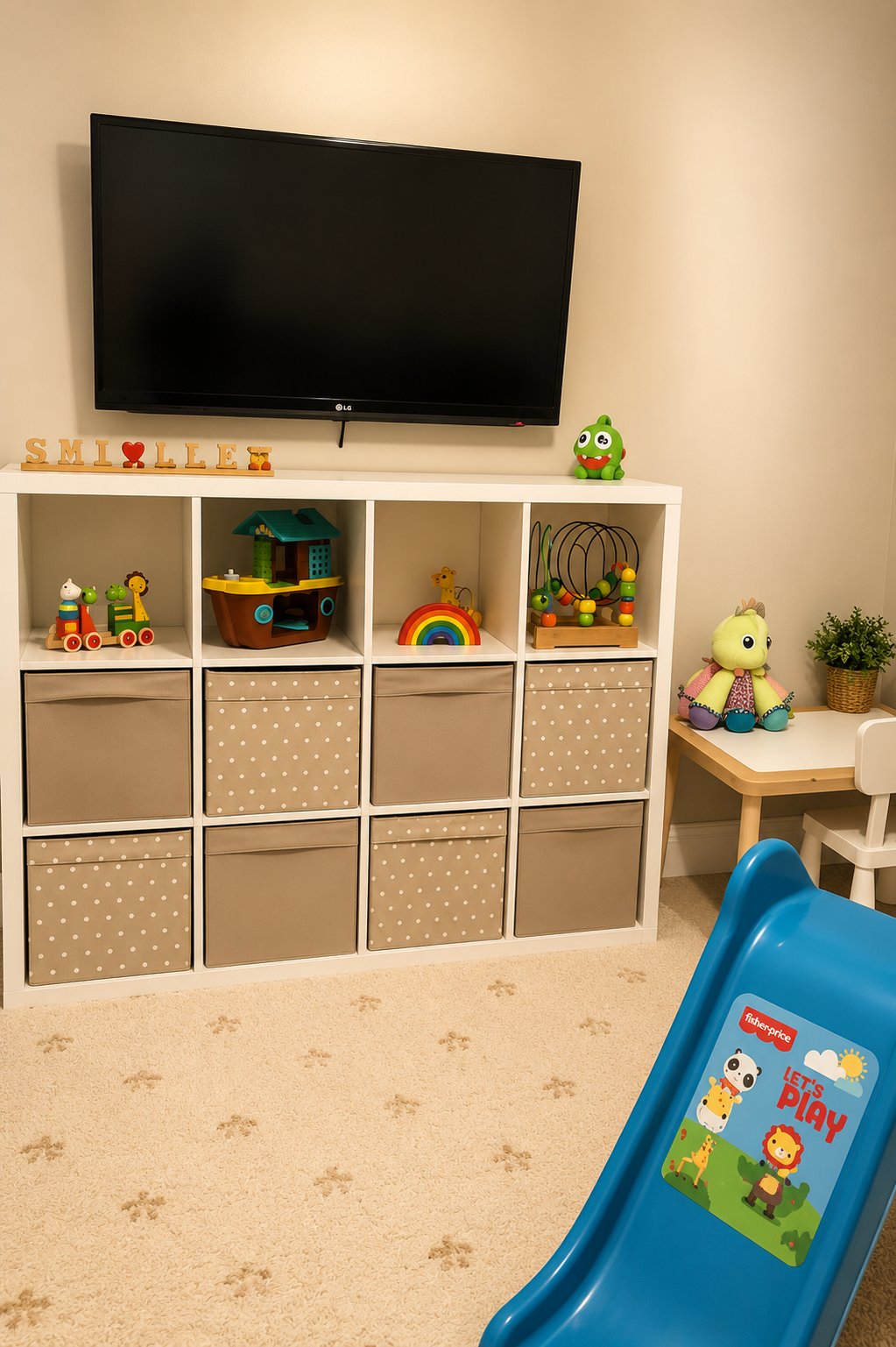 Kids’ playroom featuring a white IKEA KALLAX storage unit with beige and polka dot fabric bins, colorful toys displayed in open cubbies, and a wall-mounted TV above. Soft neutral tones and organized storage create a calm and cozy family-friendly play space.