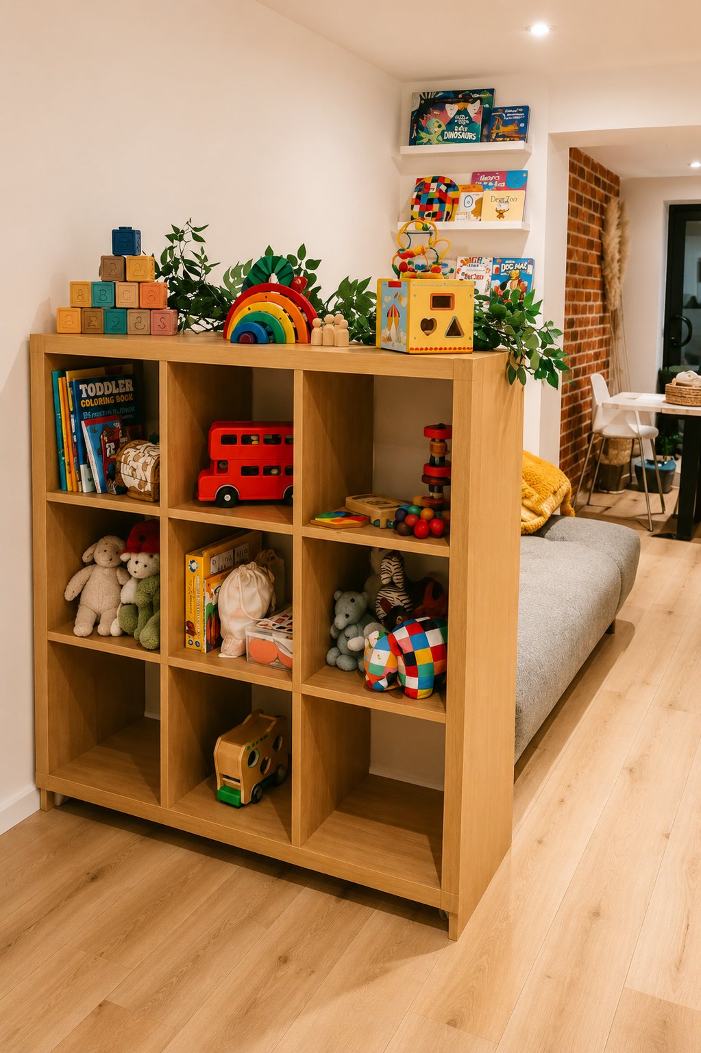 Wood-tone IKEA KALLAX storage unit with open cubbies displaying children’s toys, books, and decor. Greenery and colorful play items add warmth and personality to the organized playroom setup with a cozy, natural modern style.