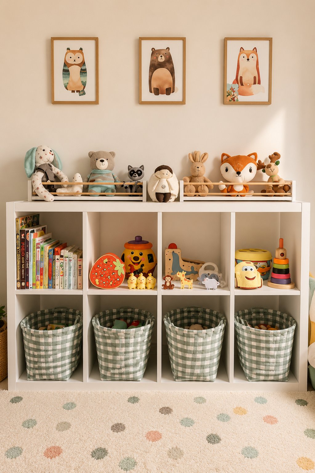 White IKEA KALLAX storage unit styled with woven green baskets, children’s books, wooden toys, and plush animals. Soft neutral colors and natural textures create a calm and organized playroom storage setup with a cozy minimalist feel.