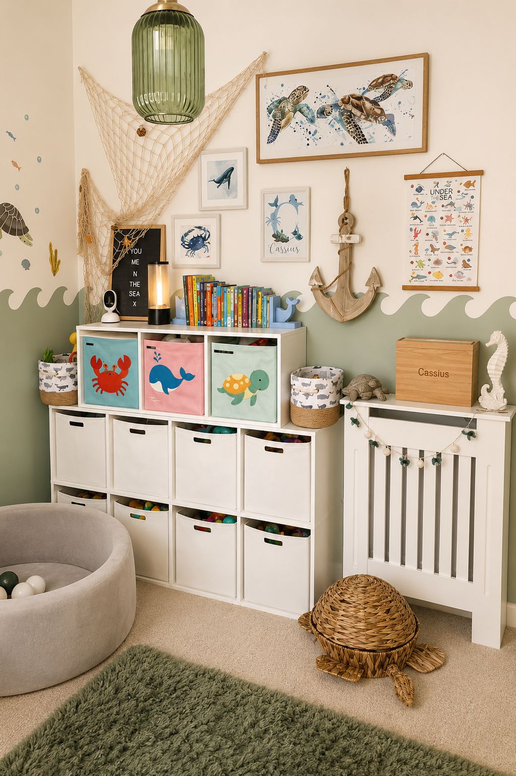 Ocean-themed kids’ room featuring a white IKEA KALLAX storage unit with colorful sea creature fabric bins, white toy bins, and coastal-inspired decor. Nautical wall art, wave-painted walls, and ocean-themed accessories create a playful and organized seaside playroom.