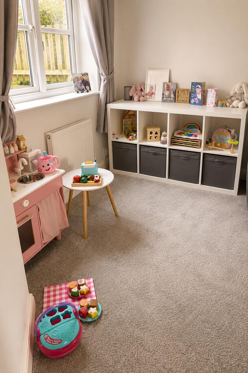 Minimalist playroom featuring a white IKEA KALLAX storage unit with dark gray fabric bins, children’s toys, framed photos, and neutral decor. Soft gray carpeting and simple styling create a calm, organized, and modern toy storage space for kids.