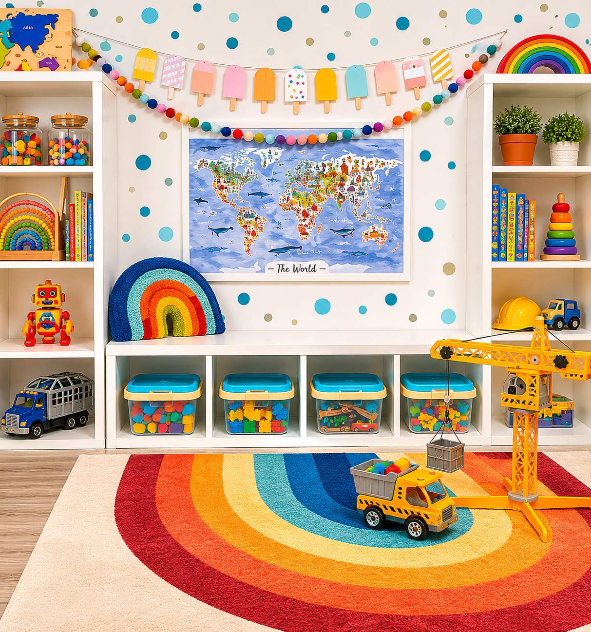 Bright kids’ playroom featuring a white IKEA KALLAX storage unit with clear blue toy bins, colorful rainbow decor, and playful wall garlands. Polka dot walls, open shelving, and cheerful accessories create a fun and organized toy storage space with a bright modern feel.