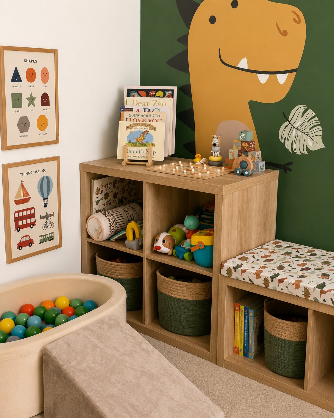Natural wood IKEA KALLAX storage unit with open cubbies, children’s toys, books, and an attached cushioned bench seat. Dinosaur-themed wall art, colorful toys, and warm wood tones create a cozy and organized kids’ play corner with a modern natural style.