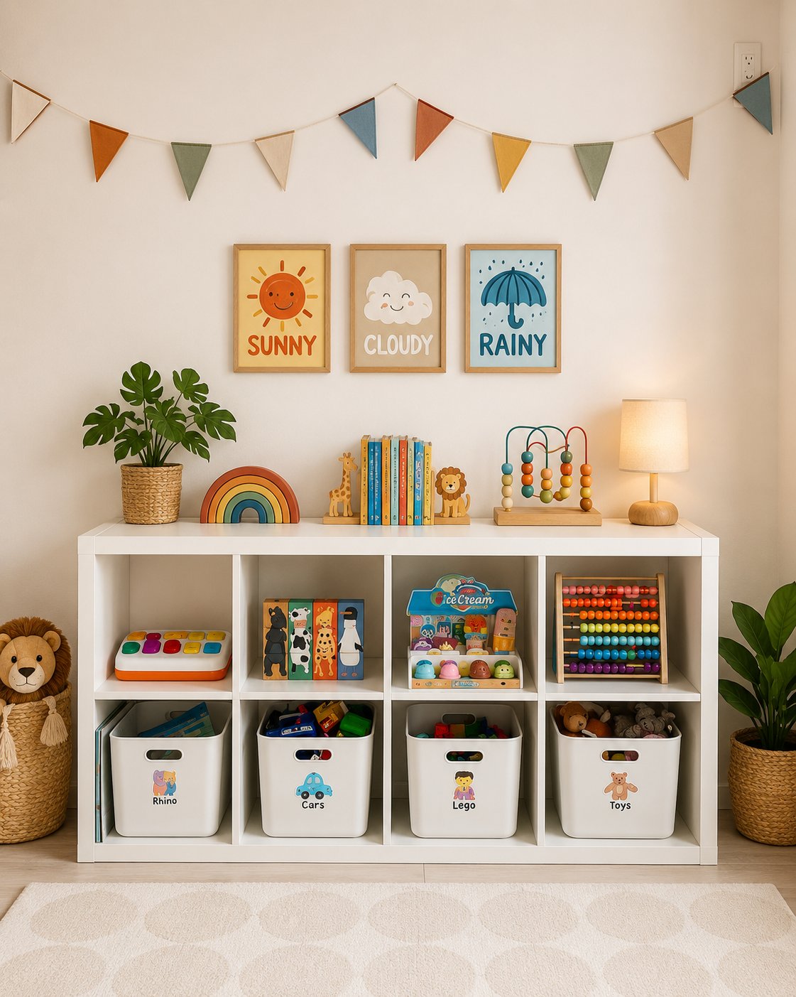 White IKEA KALLAX storage unit with labeled white toy bins, colorful children’s toys, and open cubbies in a minimalist playroom. Simple wall art and neutral decor create a bright, organized, and kid-friendly toy storage setup.