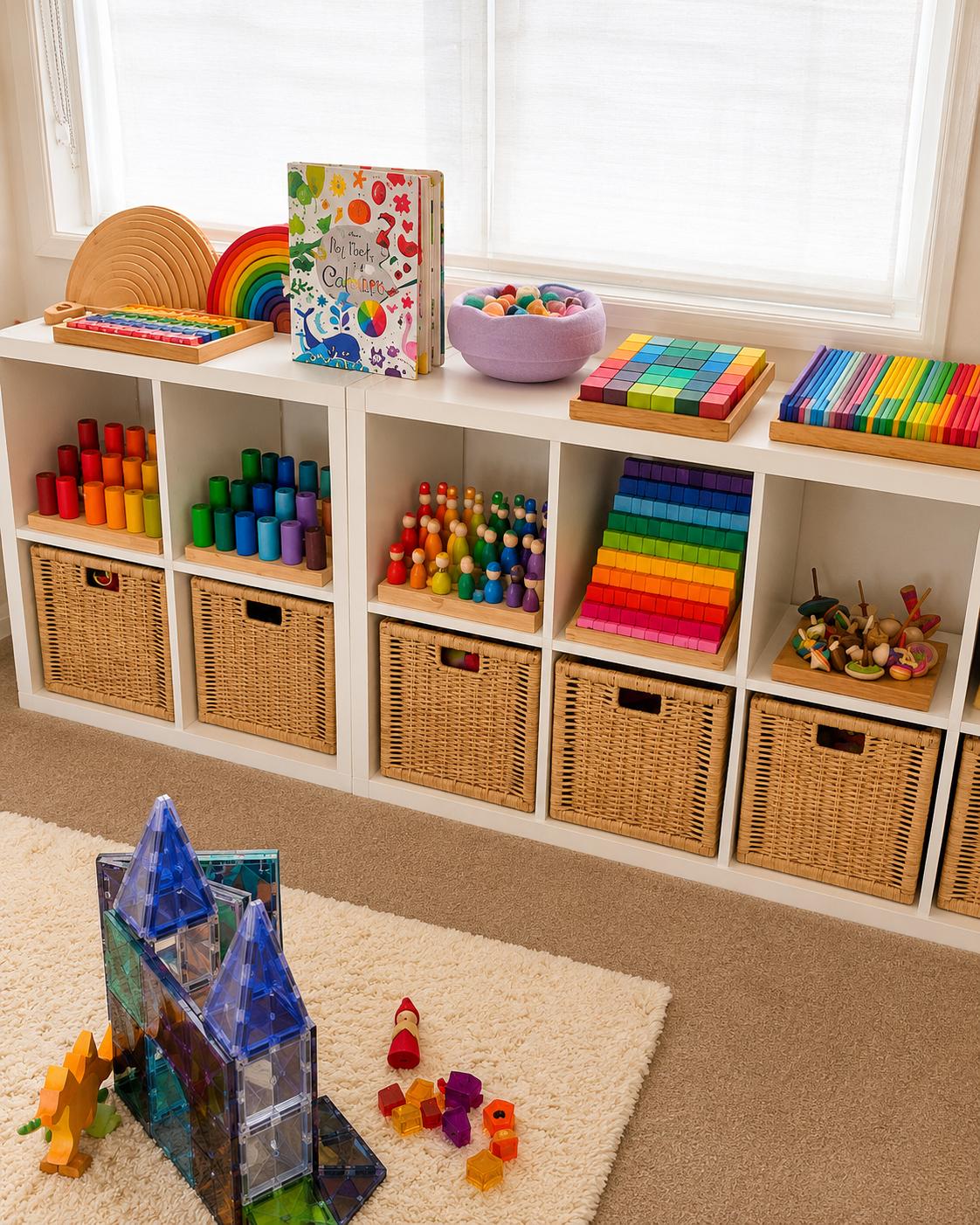 White IKEA KALLAX storage unit styled with woven baskets, rainbow-colored wooden toys, books, and educational materials. Bright natural light and colorful toy organization create a cheerful and organized Montessori-inspired playroom setup.