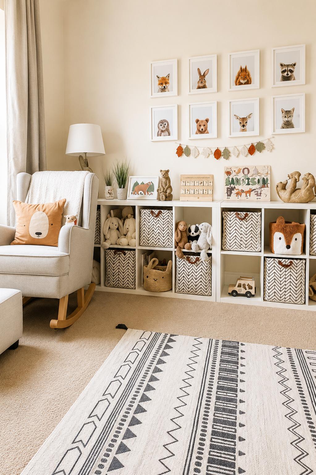 Neutral-toned nursery corner with a low IKEA KALLAX storage unit styled with patterned storage bins, plush toys, woven baskets, and woodland-themed decor. Framed animal prints hang above the shelves, while soft beige walls, cozy textiles, and layered textures create a warm and calming play space.