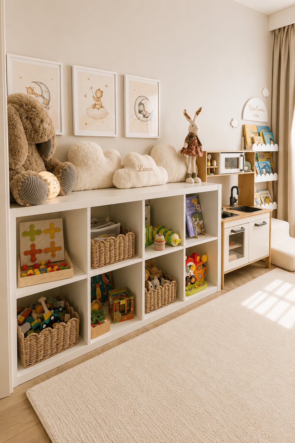 Neutral-toned playroom featuring a white IKEA KALLAX storage unit styled with woven baskets, children’s books, toys, and plush cloud pillows on top. Soft beige walls, framed nursery artwork, and natural textures create a cozy and calming atmosphere, while a small toy kitchen and reading corner complete the warm, minimalist kids’ space.