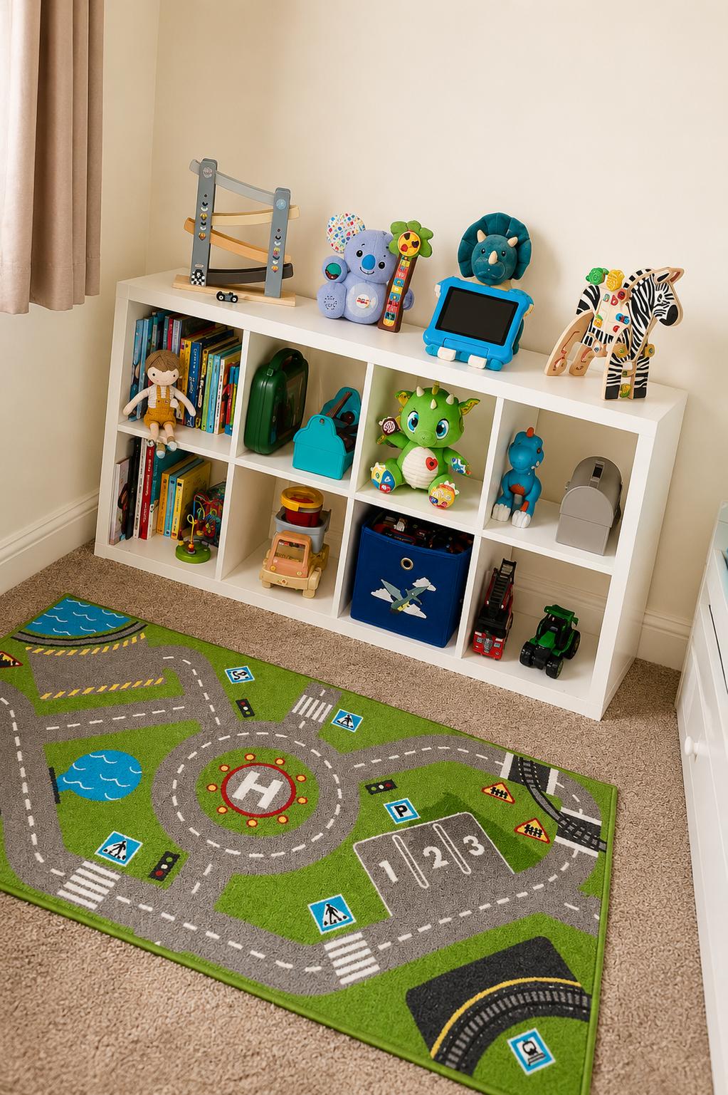 Kids’ playroom corner featuring a white IKEA KALLAX storage unit styled with colorful toys, children’s books, and blue storage bins. A bright road-themed play rug sits on the carpeted floor, while open cubbies create an organized and playful toy storage setup with a cheerful, kid-friendly feel.