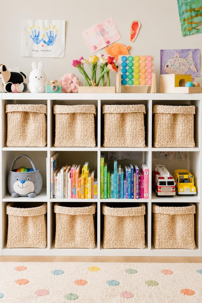 White IKEA KALLAX storage unit styled with woven natural fiber baskets, colorful children’s books, and toys. Soft neutral textures and pastel decor create a cozy and organized playroom storage setup with a warm, minimalist feel.