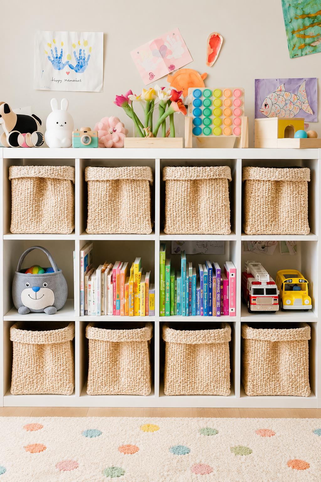 White IKEA KALLAX storage unit styled with woven natural fiber baskets, colorful children’s books, and toys. Soft neutral textures and pastel decor create a cozy and organized playroom storage setup with a warm, minimalist feel.