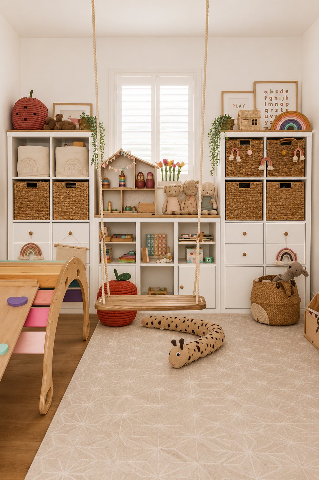 Neutral playroom featuring white IKEA KALLAX storage units styled with woven baskets, drawer inserts, pastel toys, and rainbow decor. Soft natural textures, hanging greenery, and a wooden indoor swing create a cozy and organized Montessori-inspired play space.